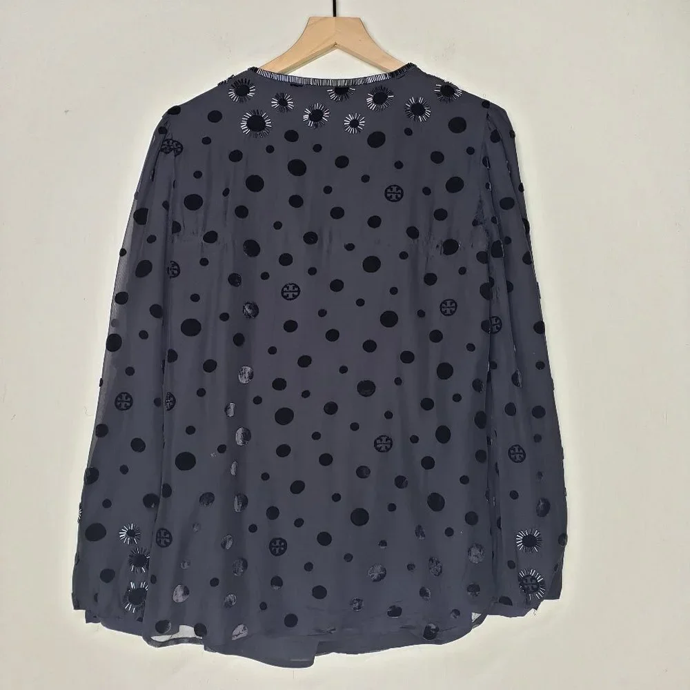 Tory Burch Angela Beaded Velvet Dot Sheer Blouse Long‎ Sleeve Lined 8 - FLAWED